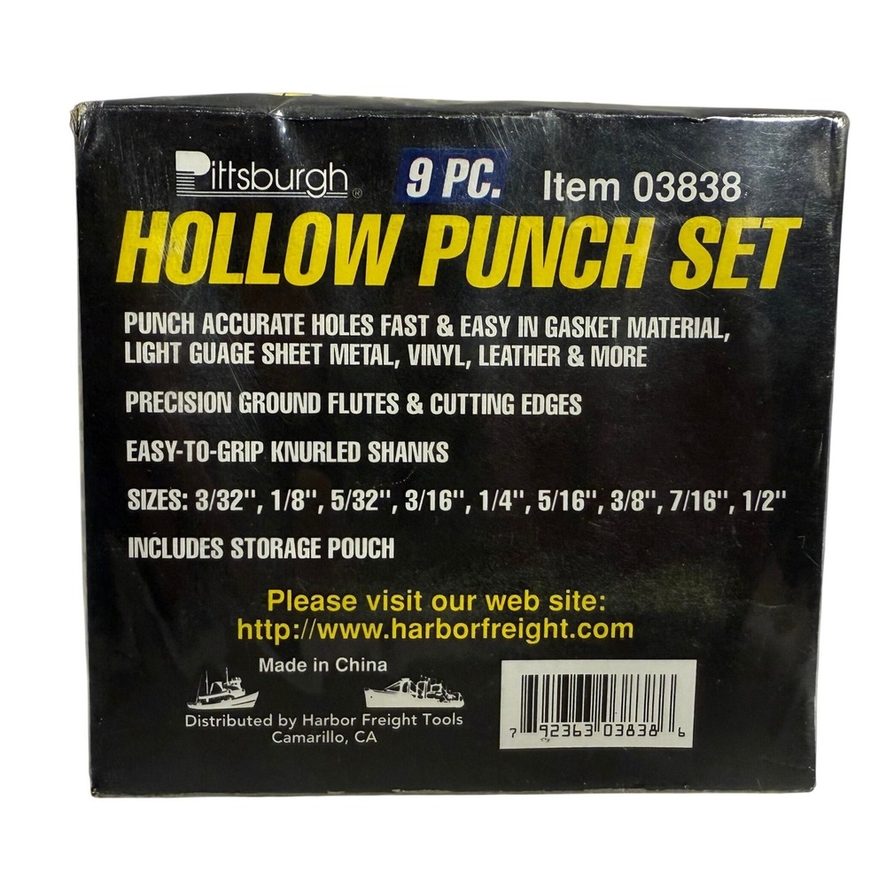 Pittsburgh 9 Pc Hollow Punch Set Leather Gasket Vinyl Tool 03838 New Sealed - Picture 2 of 7